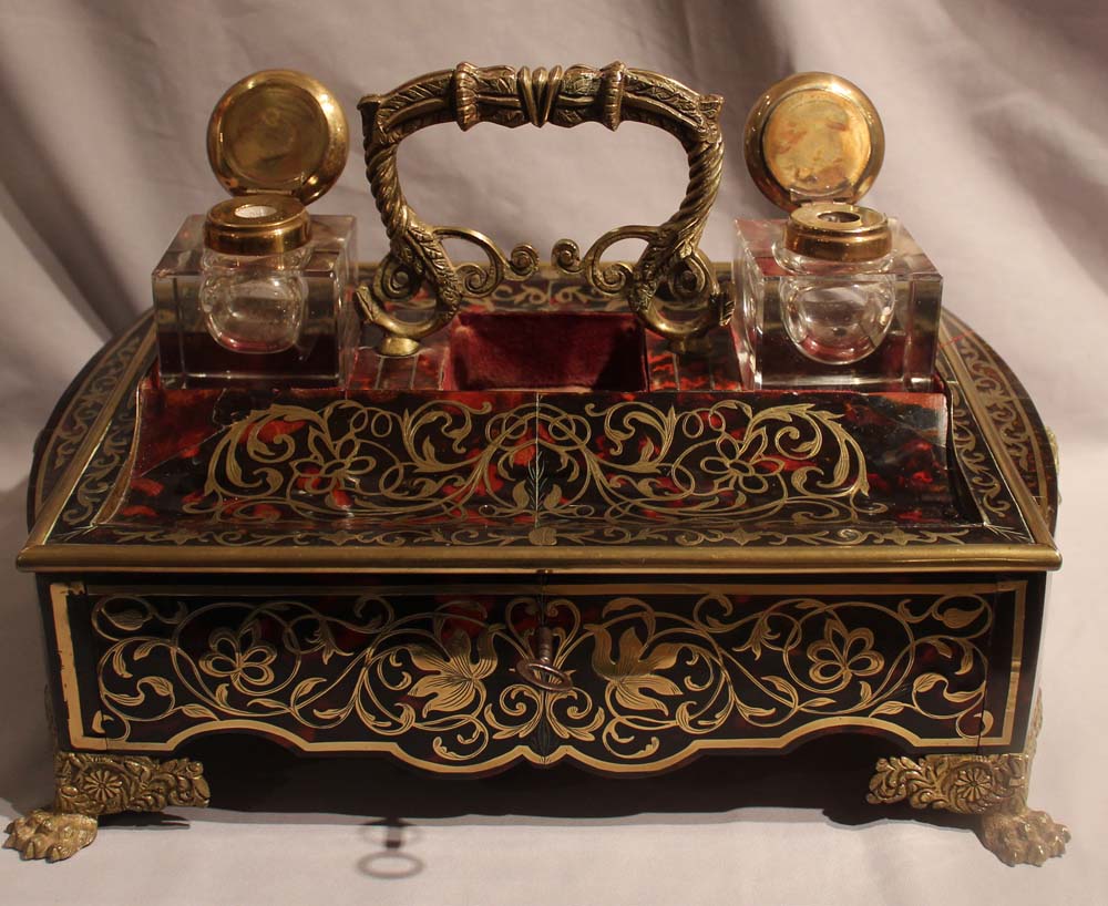 Antique English George IV Boulle desk set or ecrier.