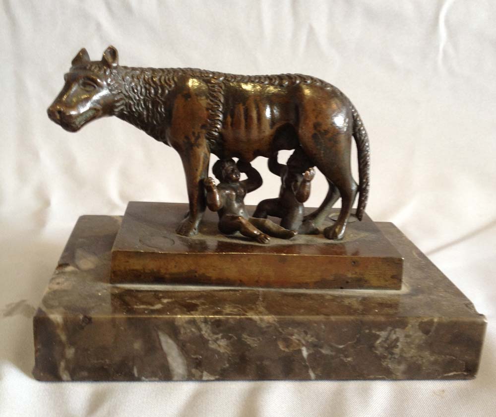 Antique Grand Tour bronze of Wolf with Romulus and Remus.
