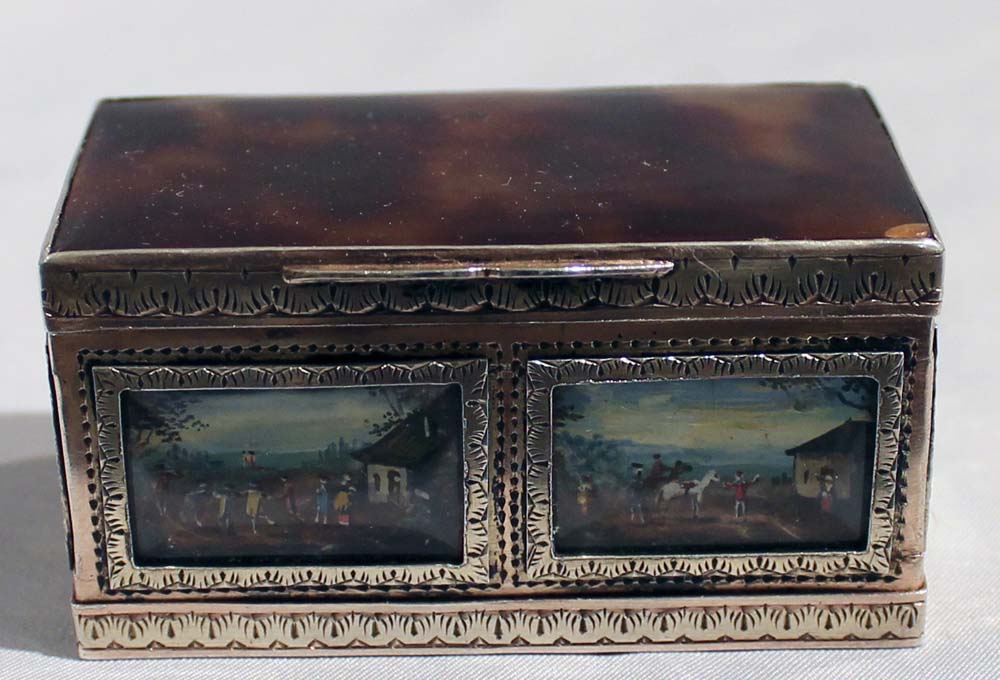 Antique gold, silver gilt and painted ivory panelled box with tortoiseshell, 18th century.