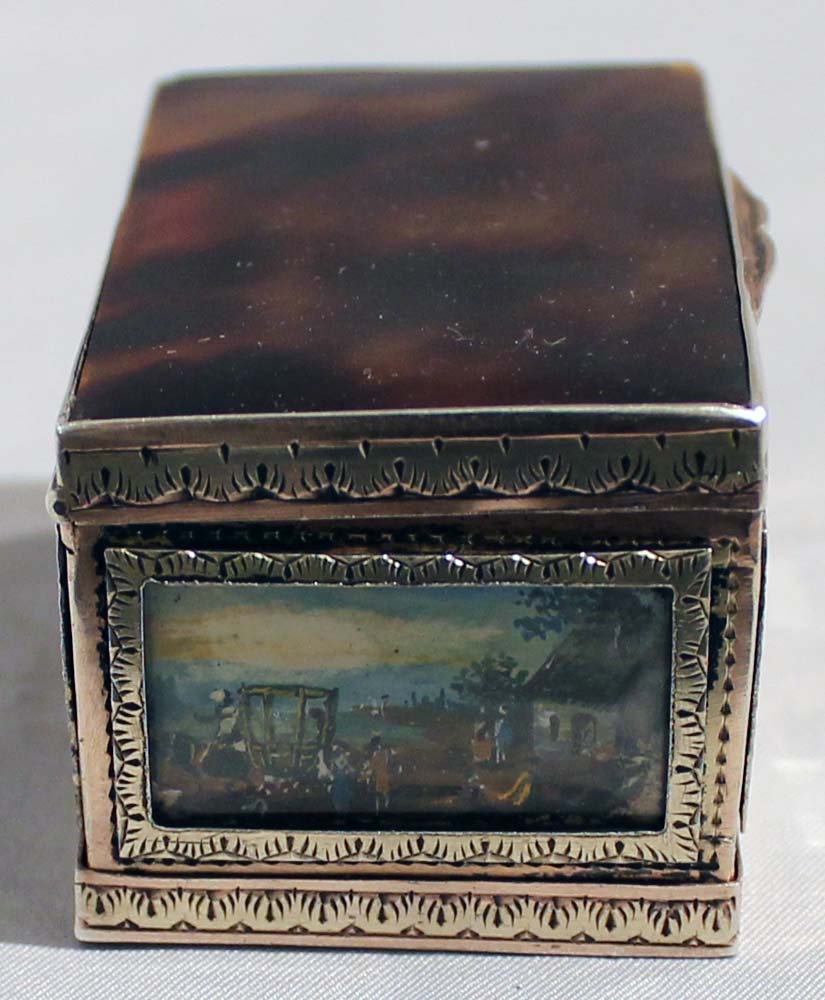 Antique gold, silver gilt and painted ivory panelled box with tortoiseshell, 18th century.