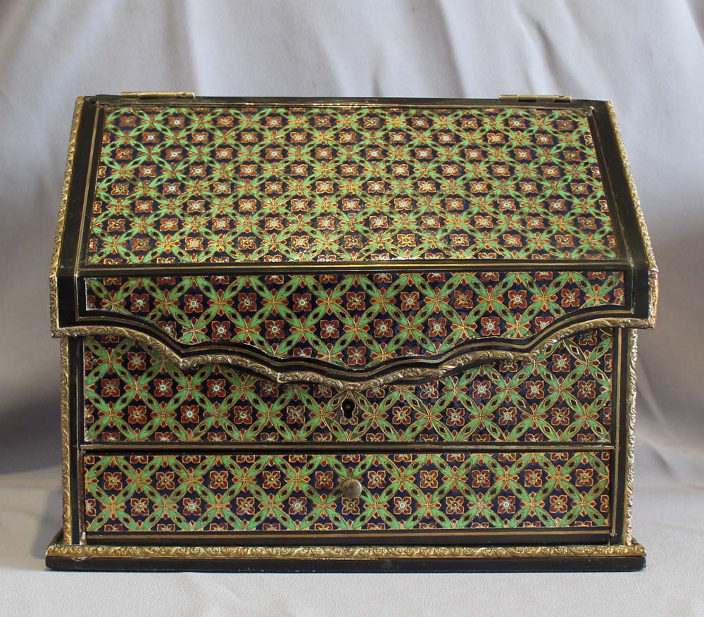 Antique English Coromandel and enamel letter rack and desk tidy.