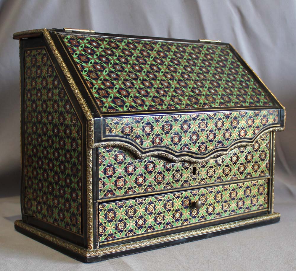 Antique English Coromandel and enamel letter rack and desk tidy.