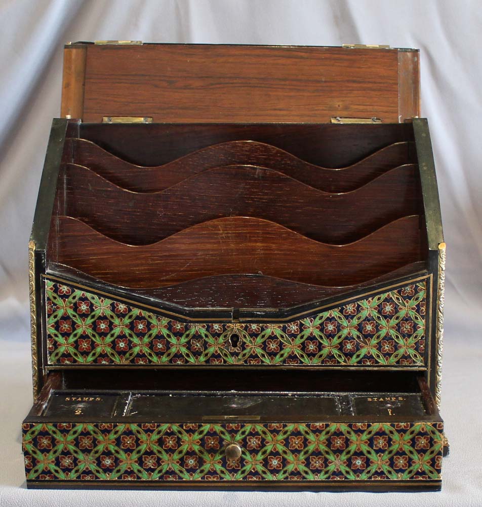 Antique English Coromandel and enamel letter rack and desk tidy.
