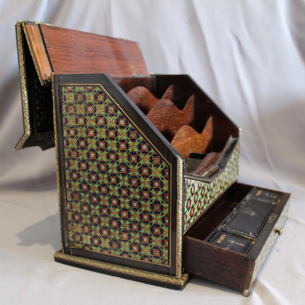 Antique English Coromandel and enamel letter rack and desk tidy.