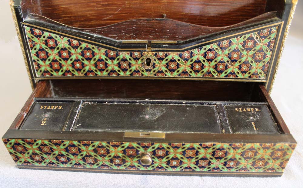 Antique English Coromandel and enamel letter rack and desk tidy.
