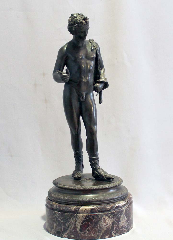 Antique Grand Tour bronze of Narcissus on rouge marble base signed Masulli