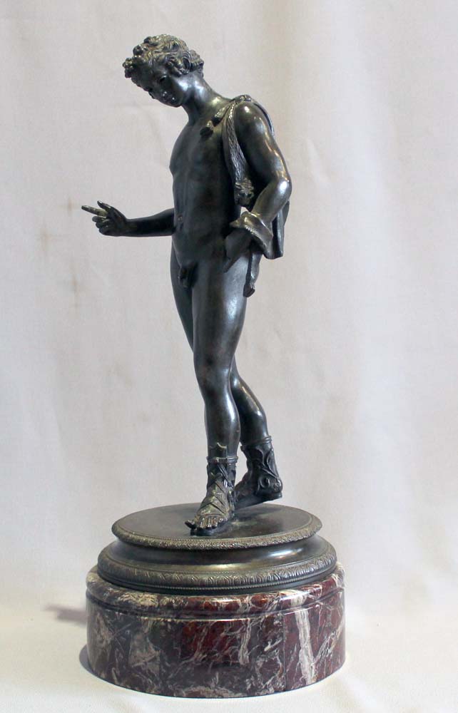 Antique Grand Tour bronze of Narcissus on rouge marble base signed Masulli
