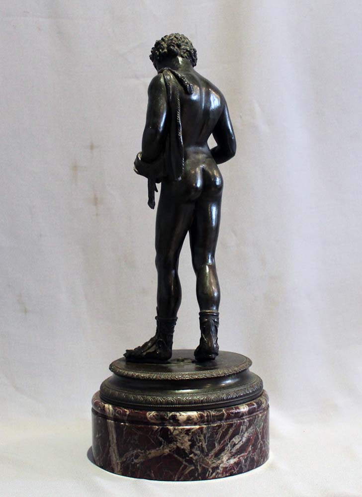 Antique Grand Tour bronze of Narcissus on rouge marble base signed Masulli