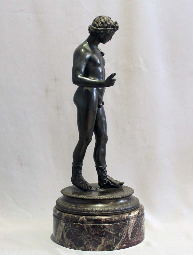 Antique Grand Tour bronze of Narcissus on rouge marble base signed Masulli