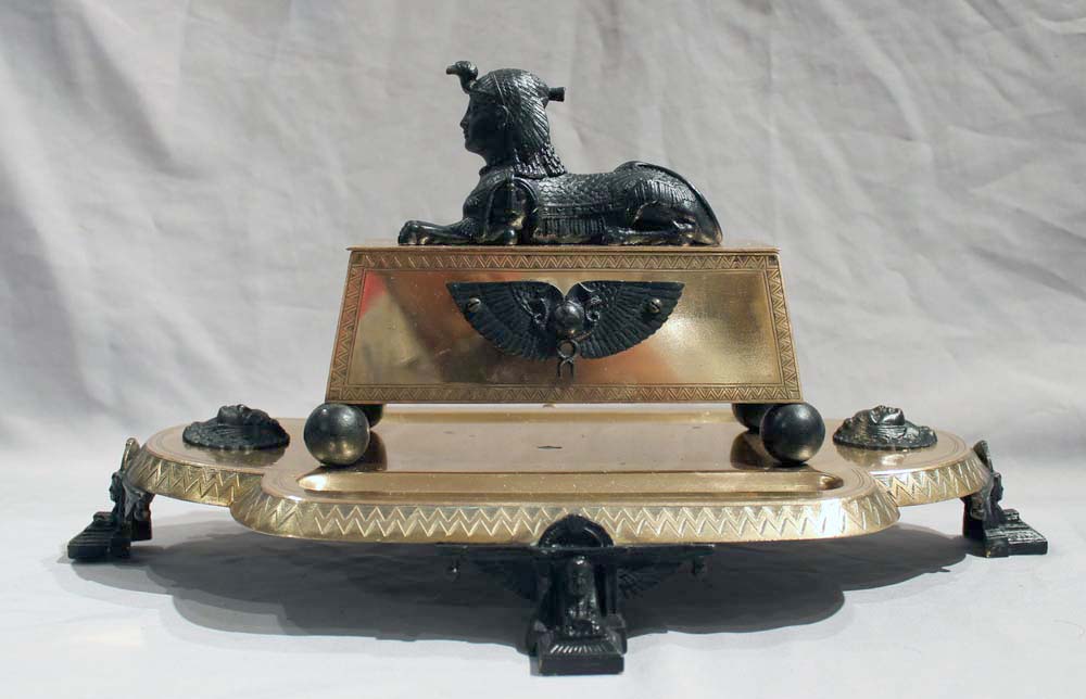 Egyptian Revival English desk standish in gilt and patinated bronze.