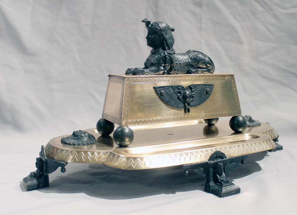 Egyptian Revival English desk standish in gilt and patinated bronze.
