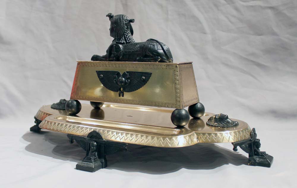 Egyptian Revival English desk standish in gilt and patinated bronze.