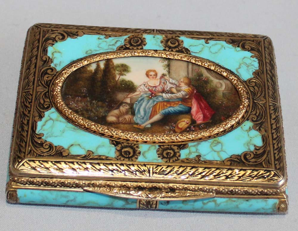 Italian silver gilt and enamel card case with fine watercolour