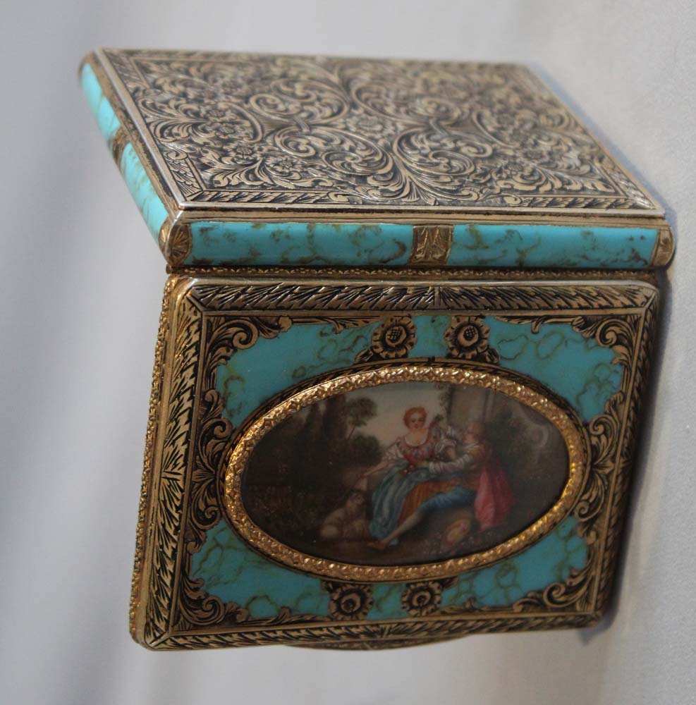 Italian silver gilt and enamel card case with fine watercolour