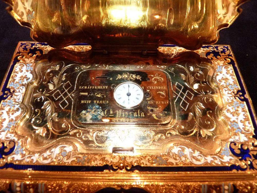 Gold and enamel Aide memoire with watch and propelling pencil