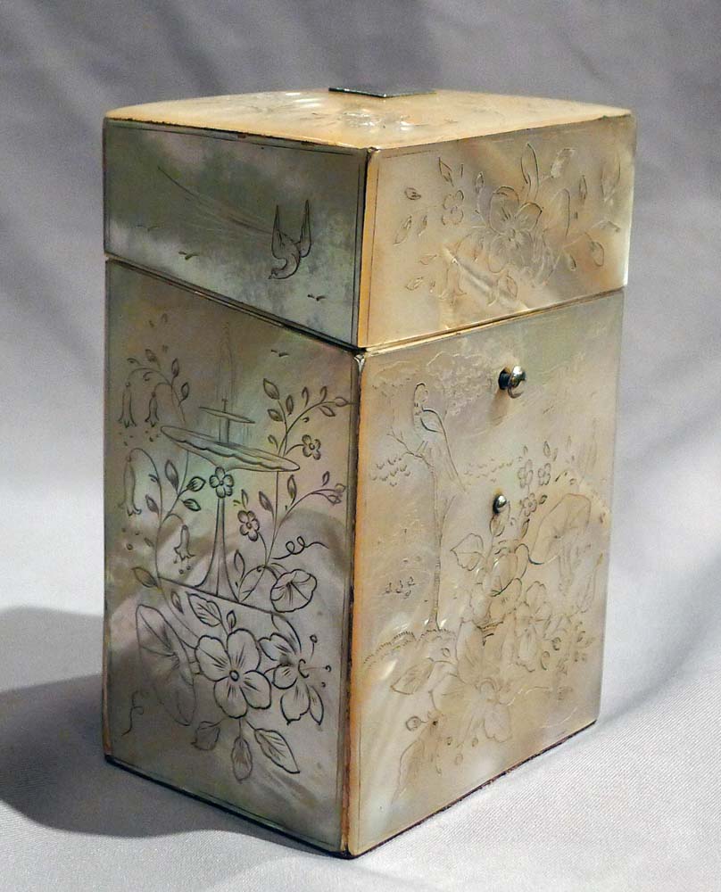 Antique engraved mother of pearl etui lined with ivory and silver mounted