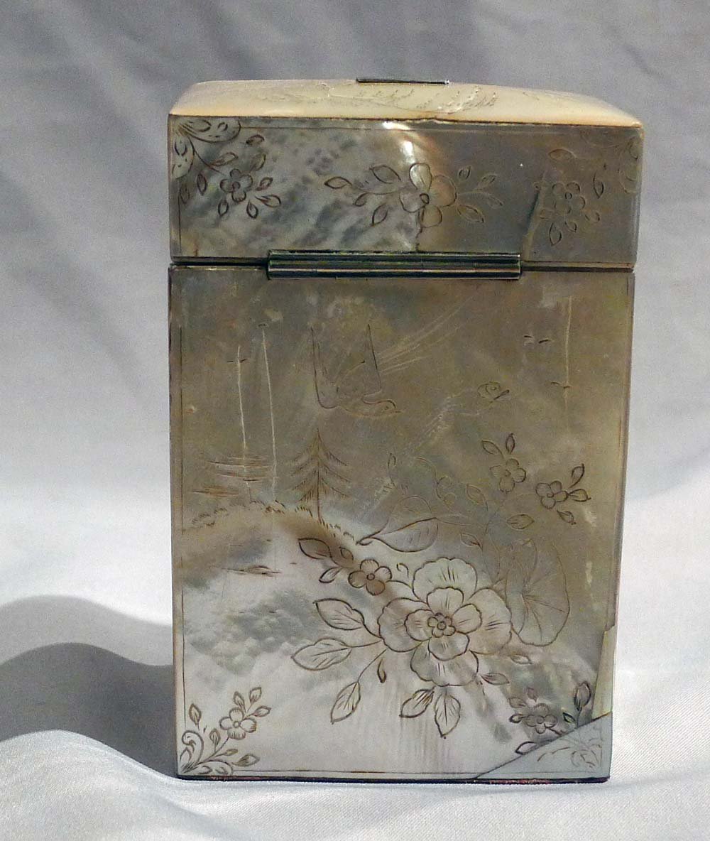 Antique engraved mother of pearl etui lined with ivory and silver mounted