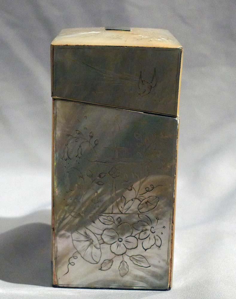 Antique engraved mother of pearl etui lined with ivory and silver mounted