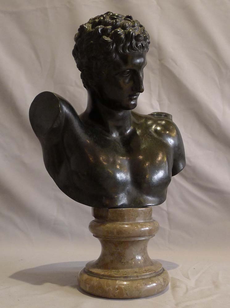 Antique bronze and marble bust of Hermes after the antique on fine marble socle..