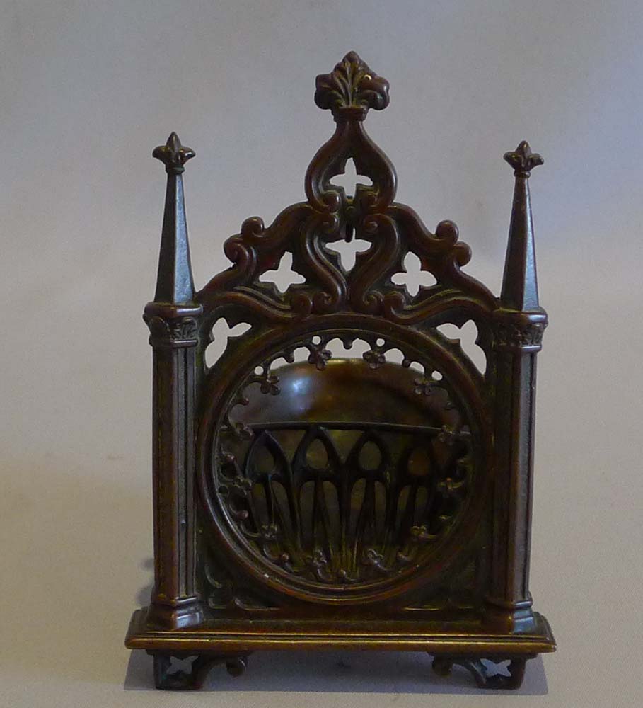 Antique early 19th century Gothic watch holder in patinated bronze.