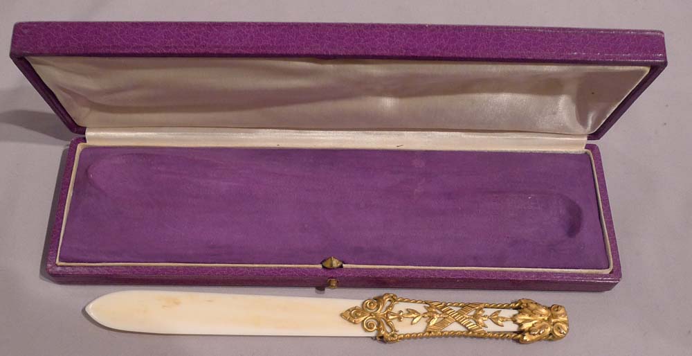 Antique ivory and gilt bronze letter opener in original case