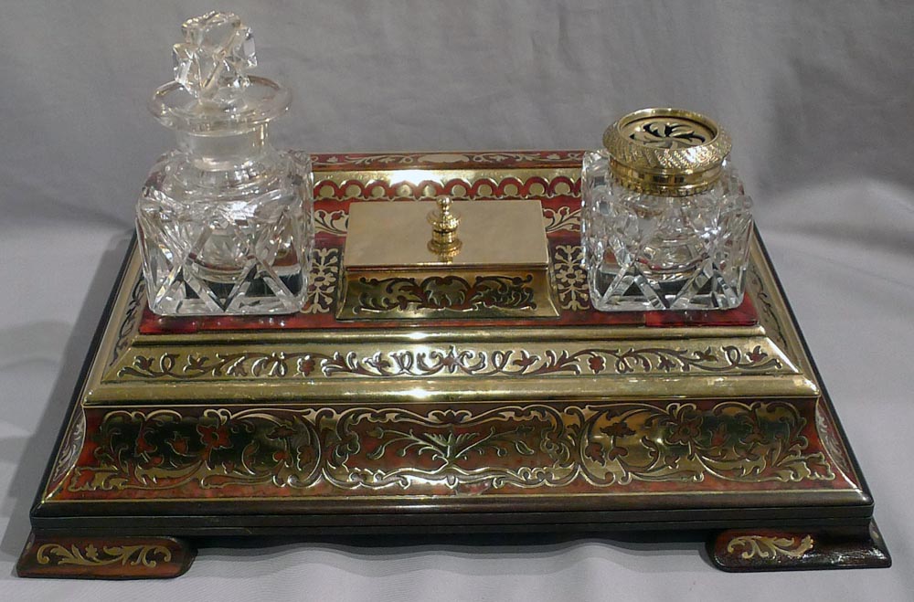 English antique George IV boulle tortoiseshell and inlaid brass ( boulle) inkstand or ecrier.