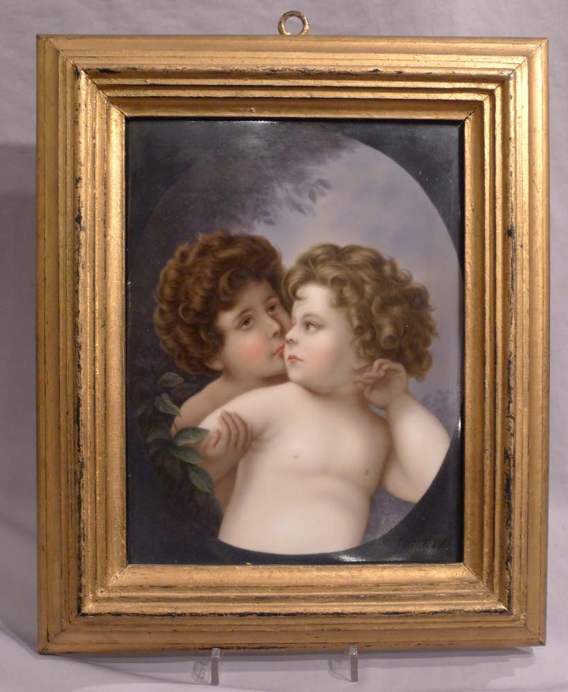 Antique Continental Porcelain plaque of two little children.