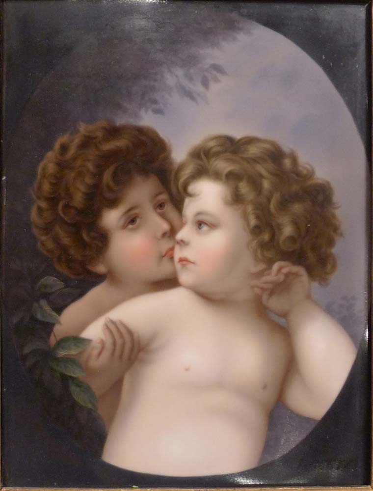 Antique Continental Porcelain plaque of two little children.