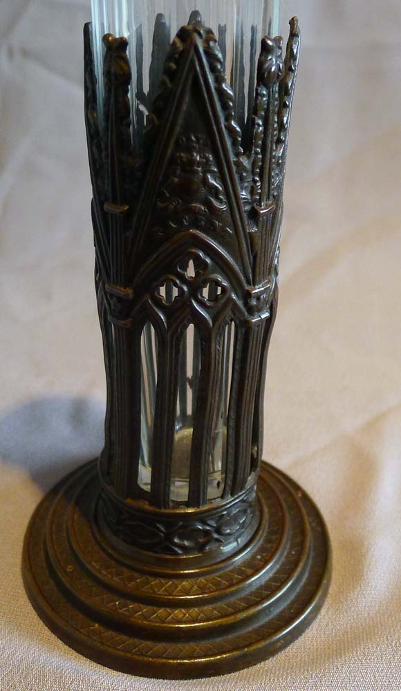 Unusual Antique English or Irish Regency Gothic holder and cut glass bottle.