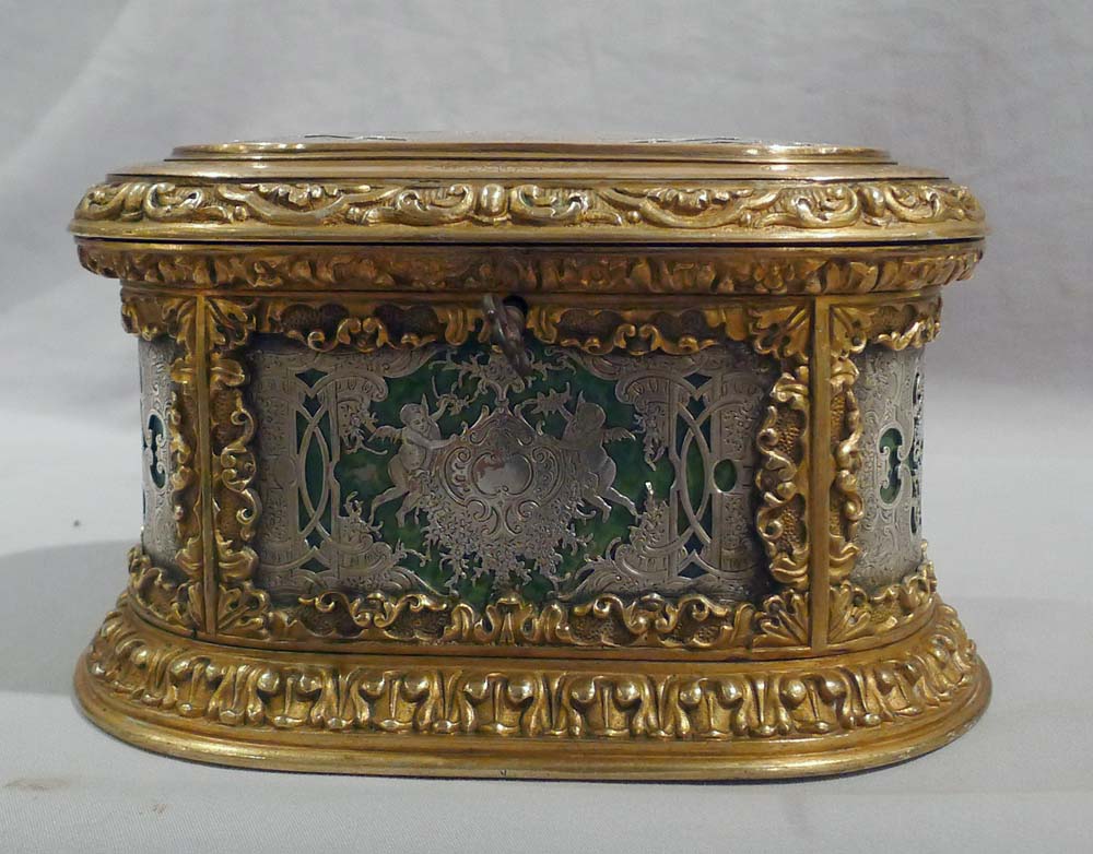 Antique French ormolu and silvered bronze jewelery casket.