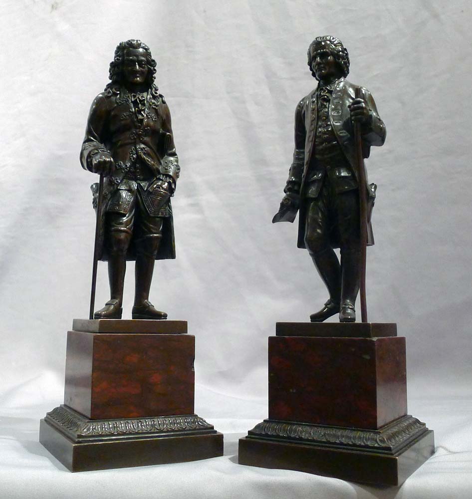 Antique pair of unusually fine bronzes of Rousseau and Voltaire