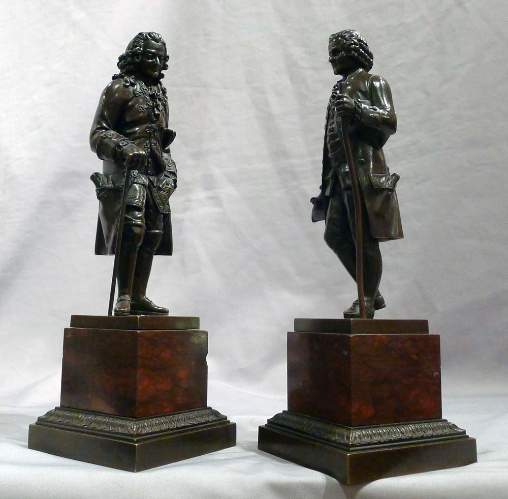 Antique pair of unusually fine bronzes of Rousseau and Voltaire