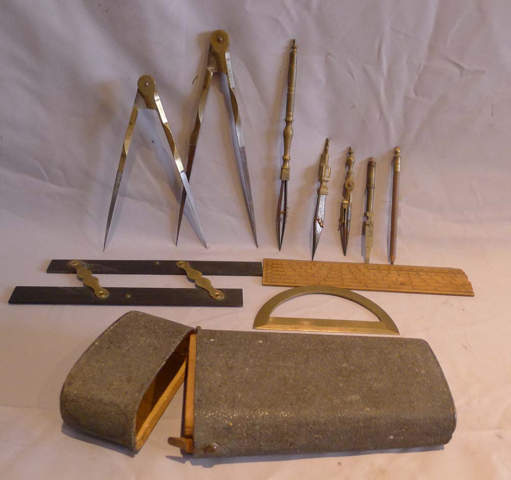 Antique shagreen cased set of drawing instruments dated 1827.