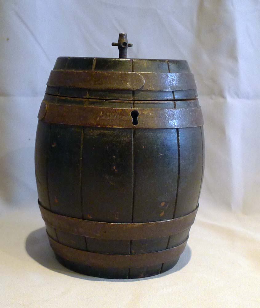 Antique English tea caddy in the form of a barrel