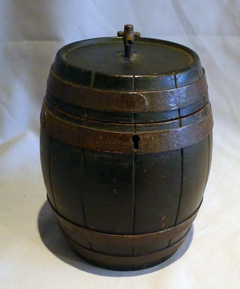 Antique English tea caddy in the form of a barrel
