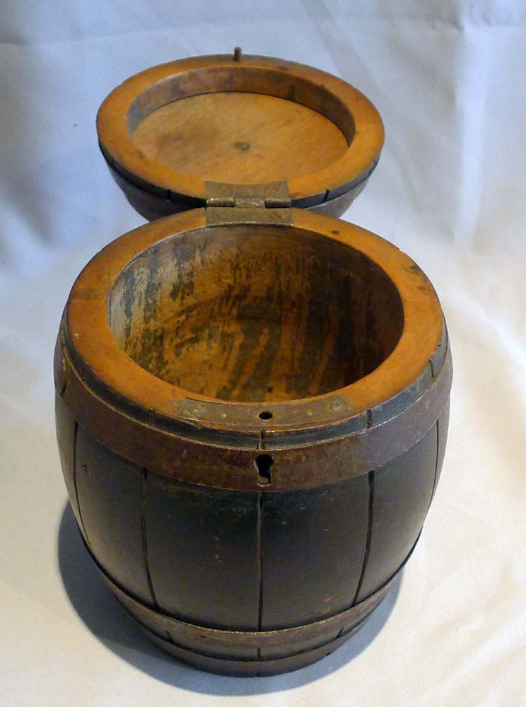 Antique English tea caddy in the form of a barrel