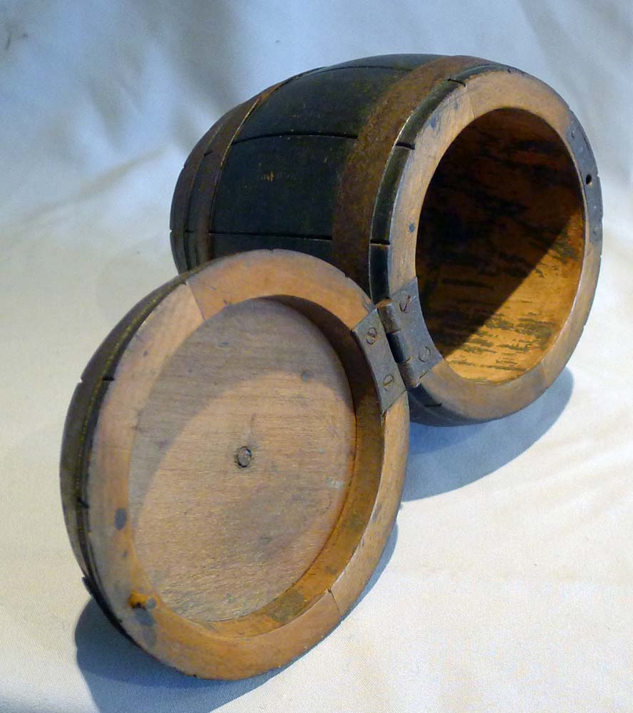 Antique English tea caddy in the form of a barrel