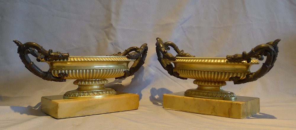 Antique Italian Grand Tour pair of patinated and gilt bronze tazza set on a Sienna marble base.
