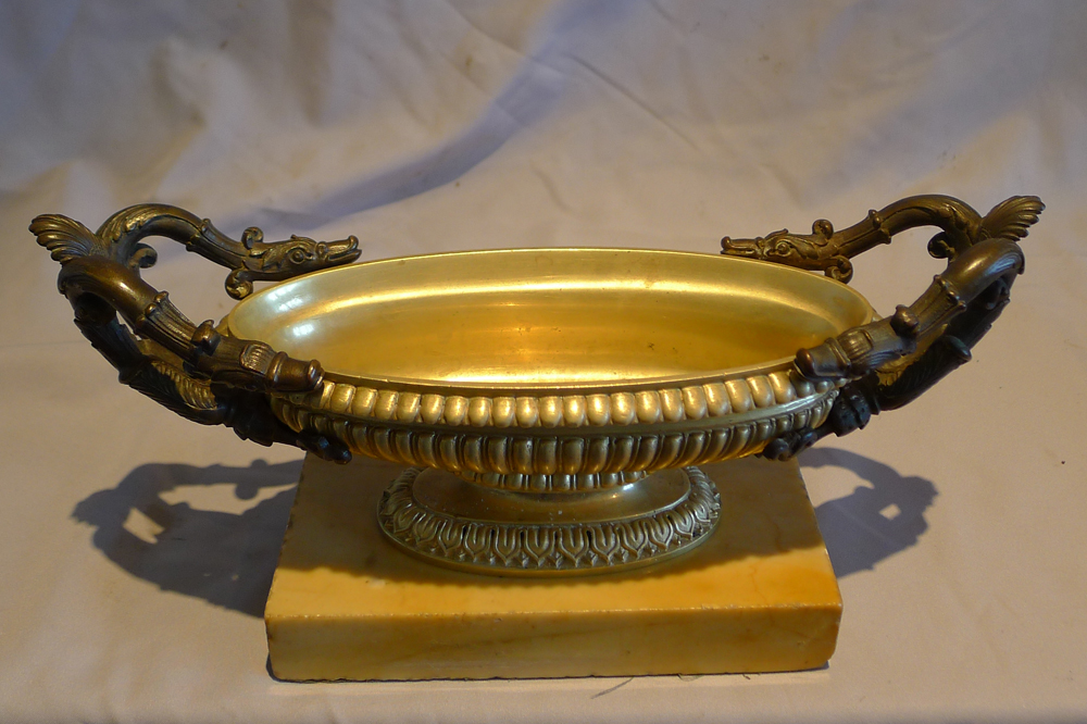 Antique Italian Grand Tour pair of patinated and gilt bronze tazza set on a Sienna marble base.