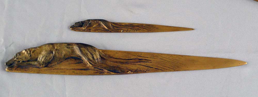 Boxed bronze greyhound desk set of seal, pintray and two letter openers signed Boyer.