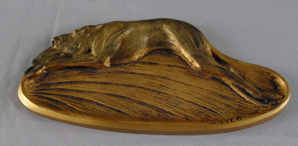 Boxed bronze greyhound desk set of seal, pintray and two letter openers signed Boyer.