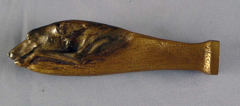 Boxed bronze greyhound desk set of seal, pintray and two letter openers signed Boyer.