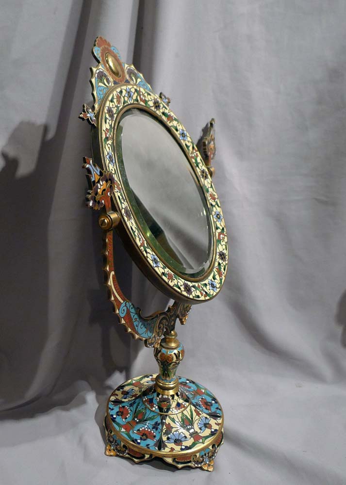 Antique French champleve enamel and gilt bronze mirror on stand