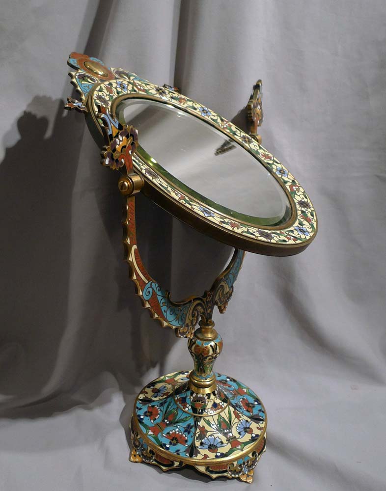 Antique French champleve enamel and gilt bronze mirror on stand