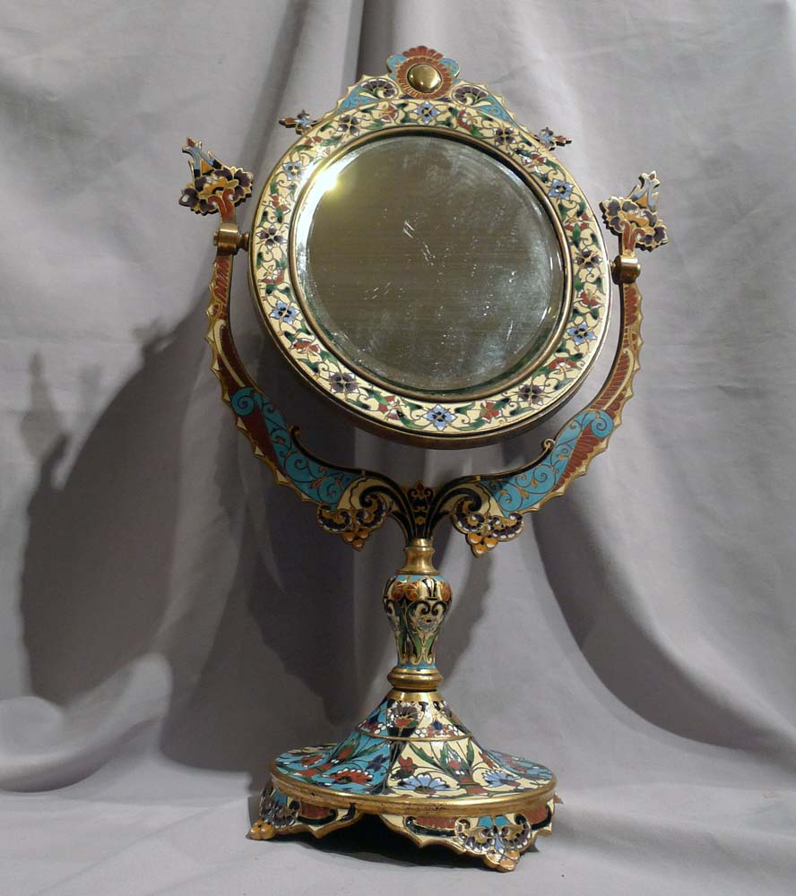 Antique French champleve enamel and gilt bronze mirror on stand