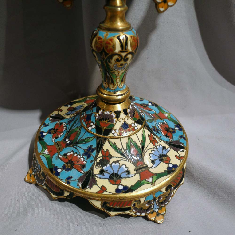 Antique French champleve enamel and gilt bronze mirror on stand