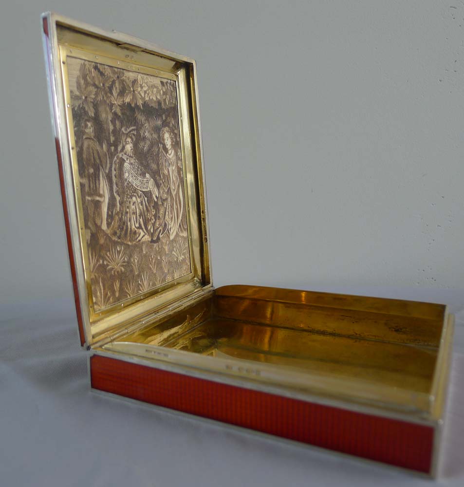 Fine silver gilt, scarlet and hand painted guilloche enamel box with painted and etched ivory scenes