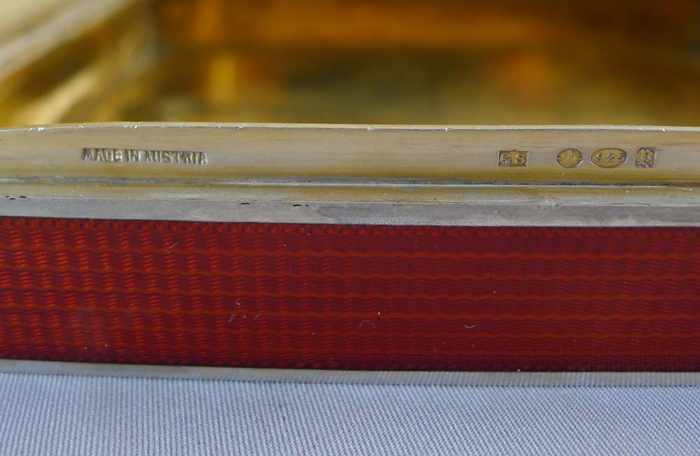 Fine silver gilt, scarlet and hand painted guilloche enamel box with painted and etched ivory scenes