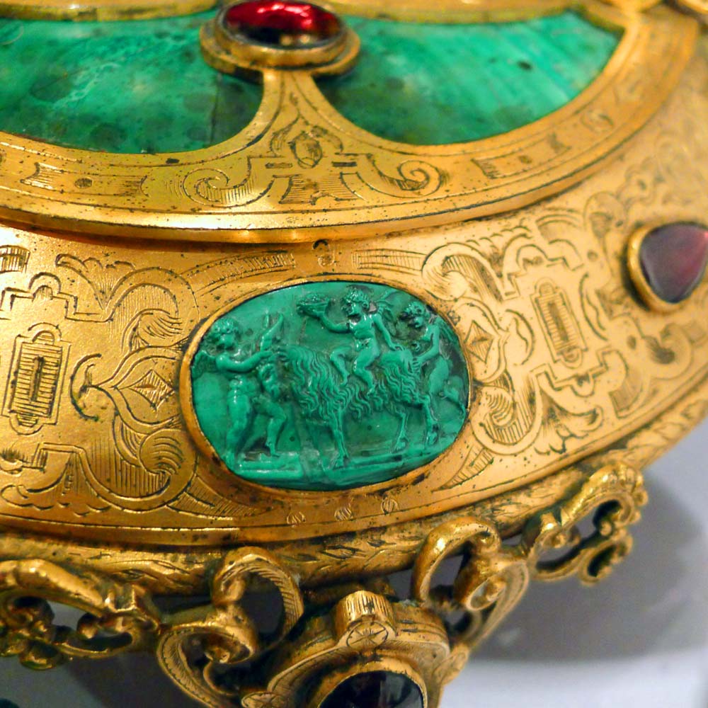 Antique malachite and silver gilt, gilt bronze and malachite intaglio desk set.