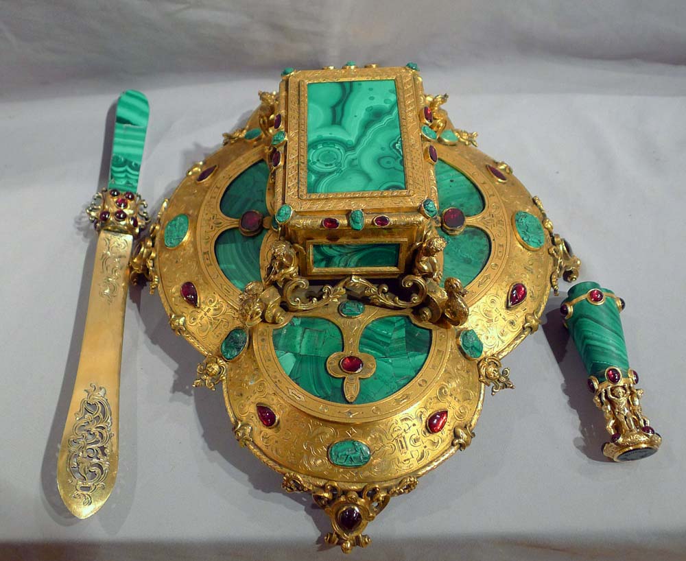 Antique malachite and silver gilt, gilt bronze and malachite intaglio desk set.